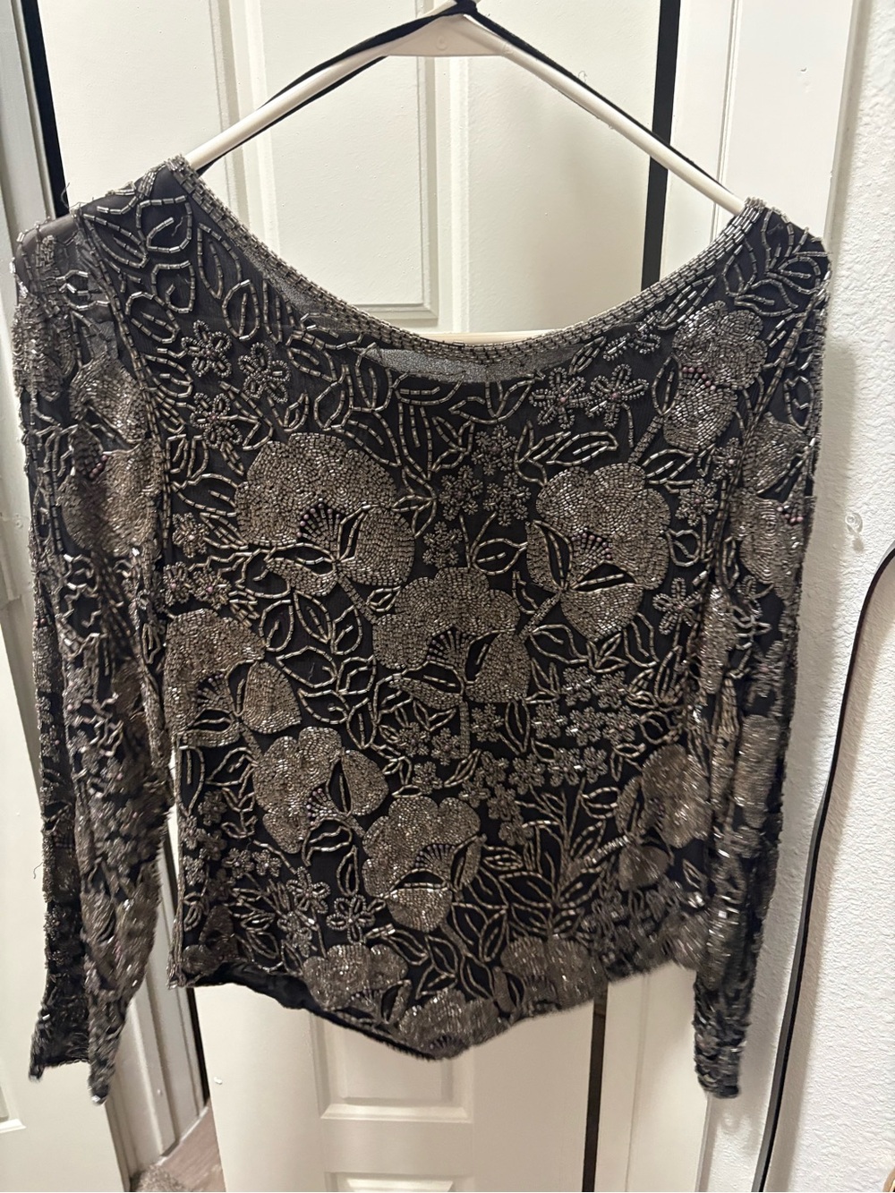 Vintage Neiman Marcus Black Long-Sleeve Sequin Floral Top
